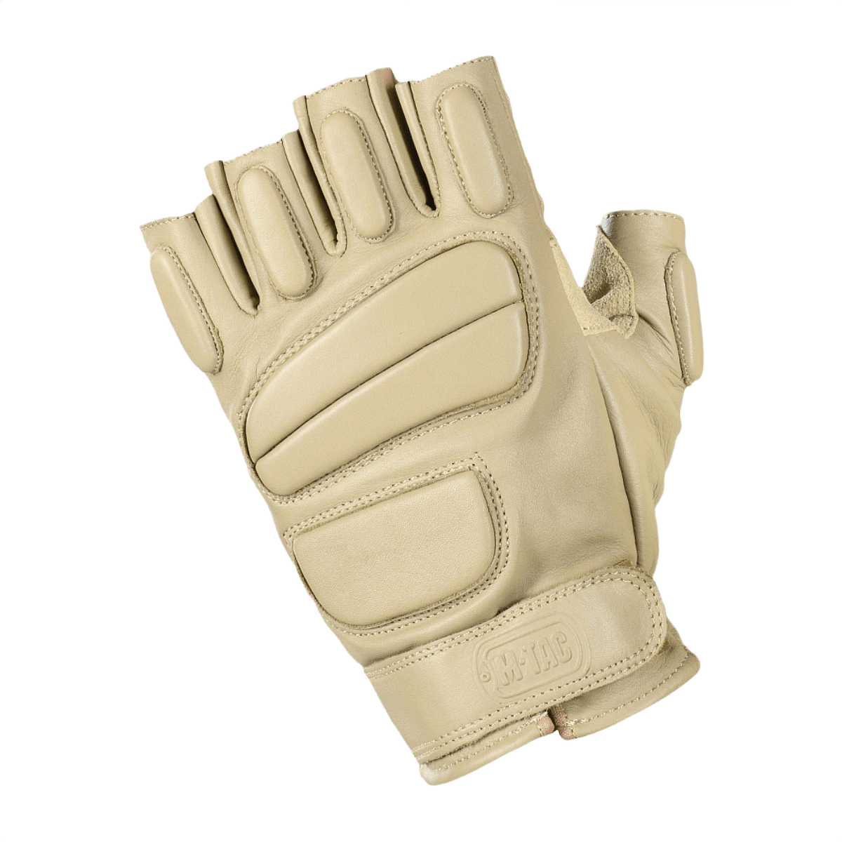 M-Tac Fingerløse Handsker Assault Tactical Mk.1, taktik højre handske i beige med forstærket håndflade og justerbar velcro manchetter.