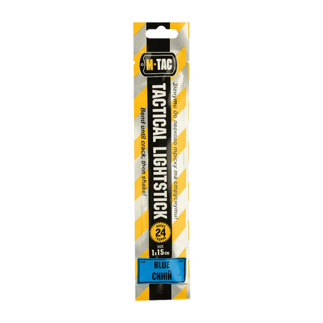 M-Tac Glow Stick 15 cm i emballasje, blå farge, selvstendig lyskilde uten strøm, sikker og ikke-giftig, varer opptil 24 timer.