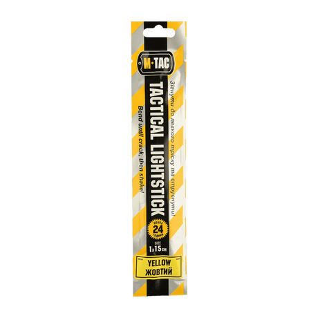 M-Tac Glow Stick 15 cm i gul for taktisk bruk, lyser opptil 24 timer, sikker og ikke-giftig, perfekt for mørke områder eller signalering.