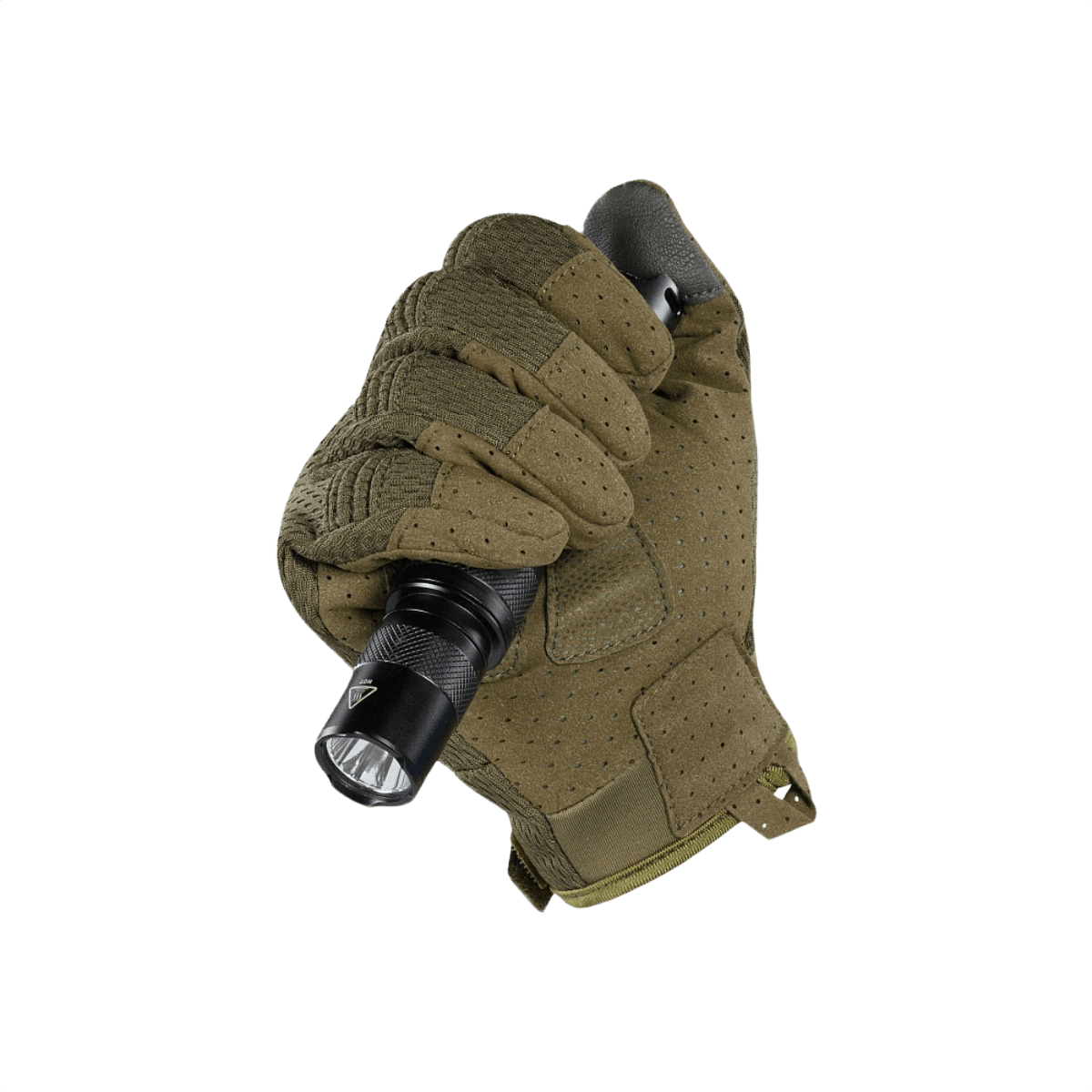 M-Tac Handsker A30 i action, viser blød mikrofiber belægning og forstærket PVC-pad, ideel til skydning og brug af smartphones.