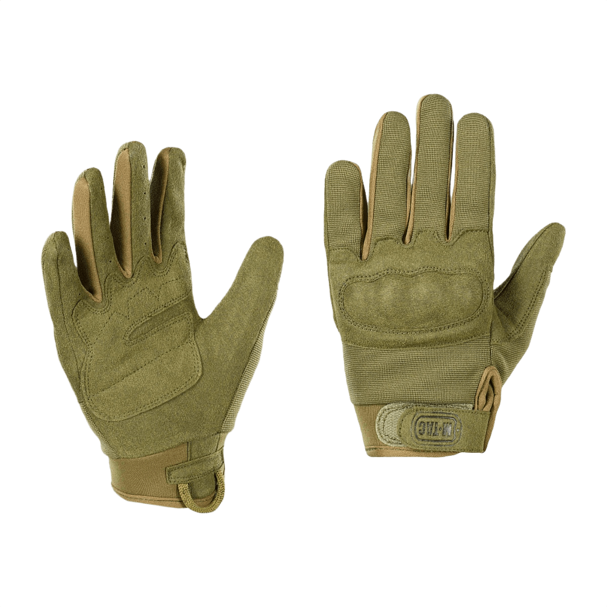 M-Tac Handsker Assault Tactical Mk.5 med integreret knogebeskyttelse og syntetisk læder, velegnet til skydning og taktisk brug.