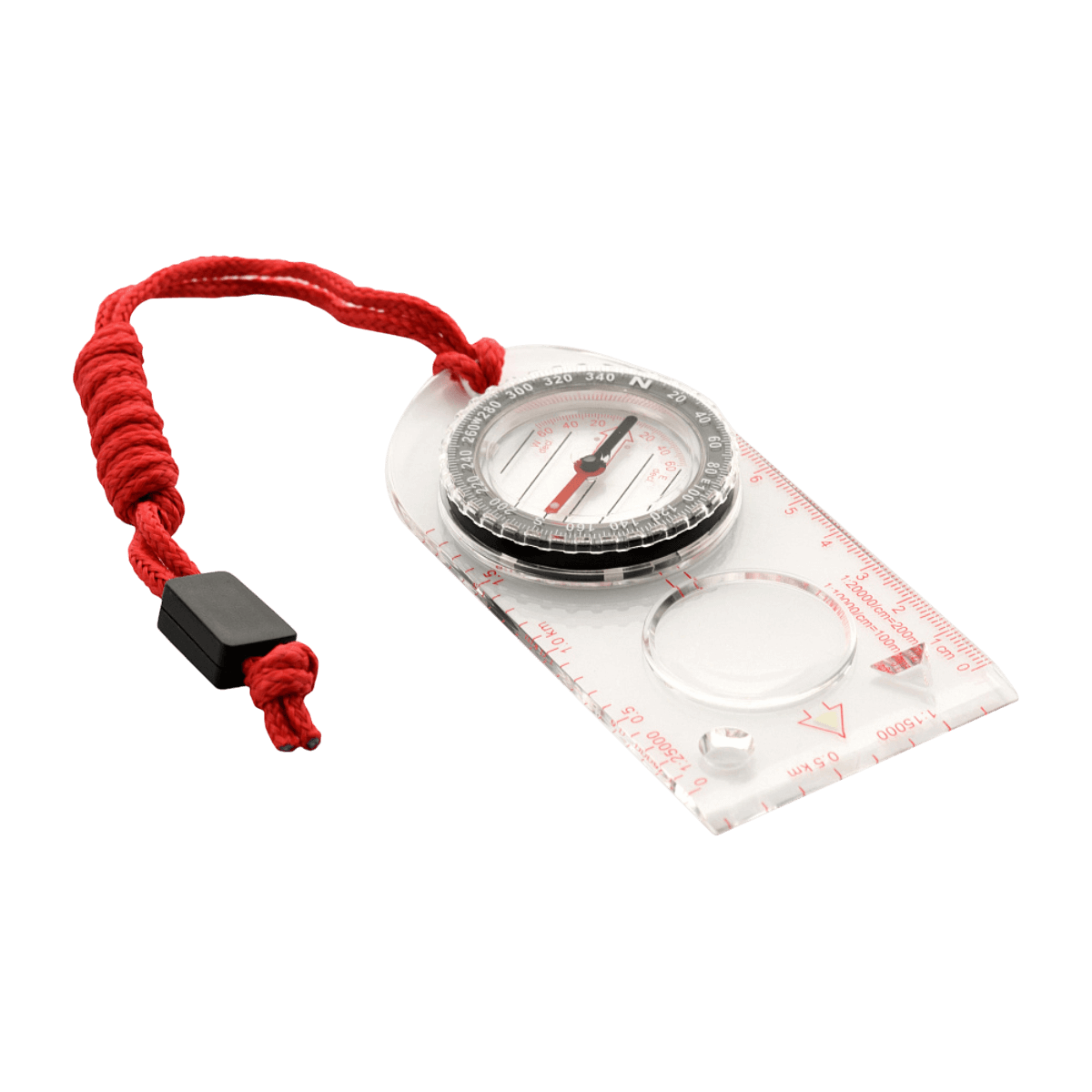 M-Tac Kortkompas med transparent bundplade, lineal og forstørrelsesglas, ideelt til detaljeret kortlæsning og navigering.