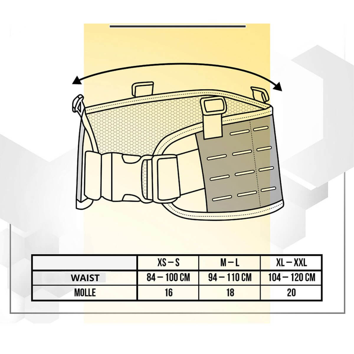 Størrelsesdiagram for M-Tac Krigsbælte Laser Cut med taljemål for XS-XXL og MOLLE specifikationer.