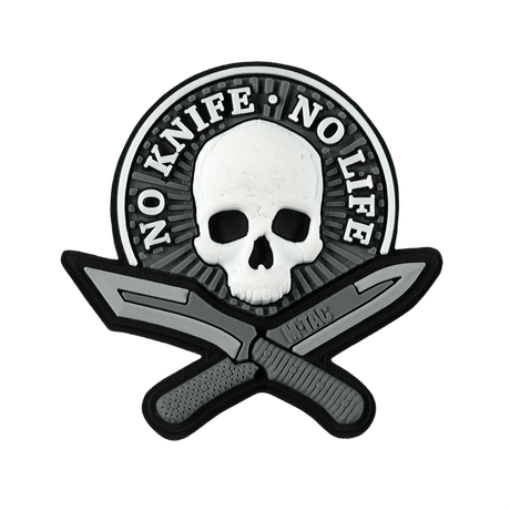 M-Tac Patch No Knife – No Life 3D PVC, taktisk moralepatch med kranium og kniver, 3D-effekt, Velcro bak, 50x50 mm.