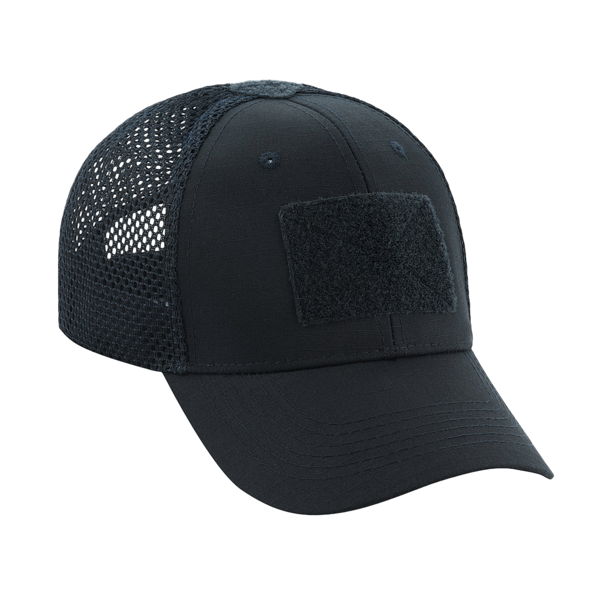 M-Tac Mesh Flex Ripstop Baseball Cap med Velcro i sort med mesh-paneler og justerbar pasform, perfekt til sommer og taktisk brug.