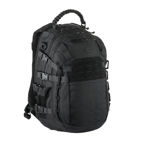 M-Tac Mission Pack ryggsekk i slitesterk svart nylon med MOLLE laser-cut system, designet for taktisk bruk og friluft.