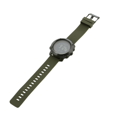 M‑Tac multifunksjonelt taktisk ur med grønn rem og avanserte funksjoner som altimeter og barometer, ideelt for friluftsliv