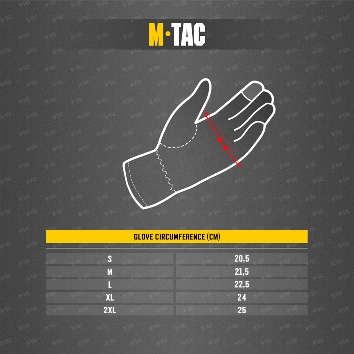 Størrelsesguide for M-Tac Nomex Sport Leather Handsker med håndomkredsmål i cm og diagram for korrekt pasform.
