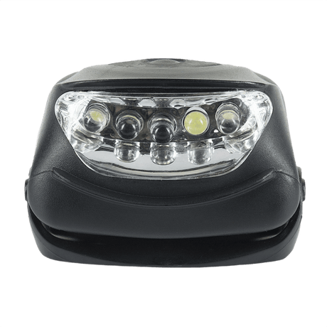 M-Tac Hodelykt 4+1 LED med elastisk hodebånd og tre lysfunksjoner, inkludert 4 hvite LED og 1 rød LED, sett forfra.