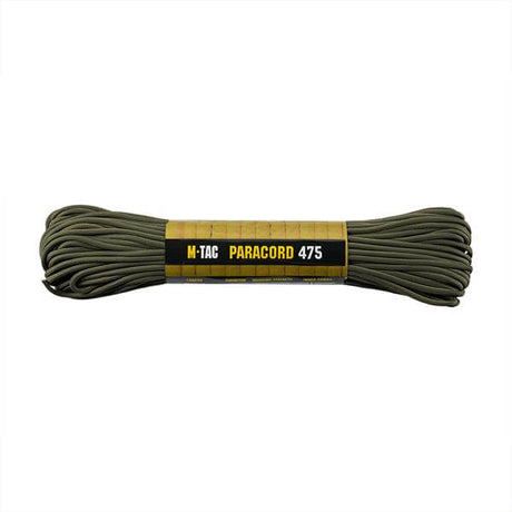 M-TAC Paracord 475 i olivengrønn, 100% nylon, 15 m lang, ideell for utendørsaktiviteter og leir, høy bruddstyrke, lett design.