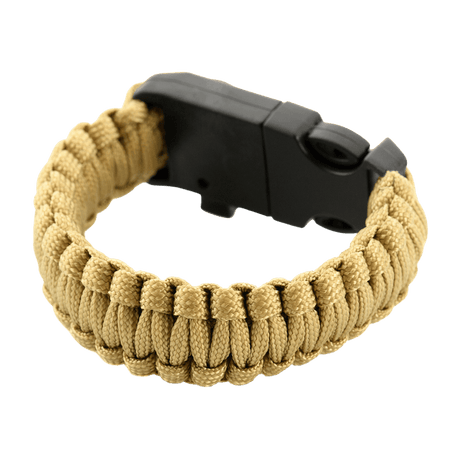 M-Tac paracord-armbånd med ildstarter, kompass og fløyte i beige, et overlevelsesarmbånd for friluftsliv og militærstil.