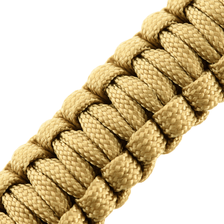 M-Tac paracord-armbånd med ildstarter, kompass og fløyte i gullfarge, ideelt for utendørs overlevelse og militær stil.