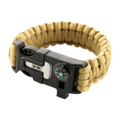 M-Tac paracord-armbånd med ildstarter, kompass og fløyte, perfekt for overlevelse og friluftsliv, sterkt og praktisk design.