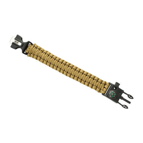 M-Tac paracord-armbånd med ildstarter, kompass og fløyte i olivengrønn, perfekt for overlevelse og friluftsaktiviteter.