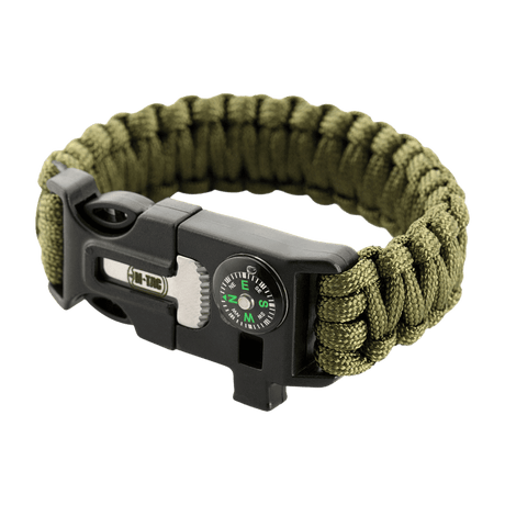 M-Tac Paracord armbånd med ildstarter, kompass og fløyte i olivengrønn, ideelt for friluftsliv og overlevelse.