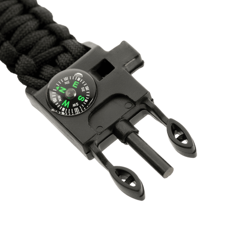 M-Tac Paracord armbånd med ildstarter, kompass og fløyte i svart med robuste materialer og multifunksjonelle egenskaper.
