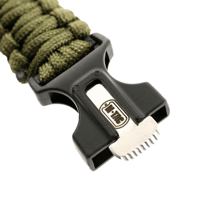 M-Tac paracord-armbånd med ildstarter, kompass og fløyte, med sterkt spenne, klart for friluftsliv og overlevelse.