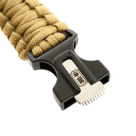 M-Tac paracord-armbånd med ildstarter, kompass og fløyte, beige farget tau og spenne, detaljert visning.