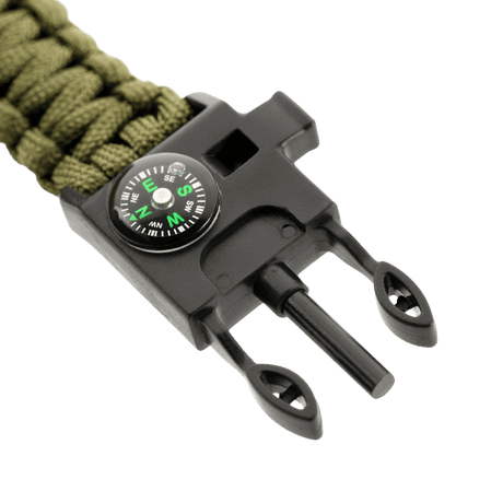 M-Tac paracord-armbånd med ildstarter, kompass og fløyte i grønn farge med nøkkelfunksjoner, perfekt for friluftsliv og overlevelse.