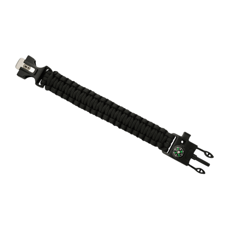 M-Tac Paracord armbånd med ildstarter, kompass og fløyte for ekstremt friluftsliv, svart paracord-armbånd med ekstra funksjoner.
