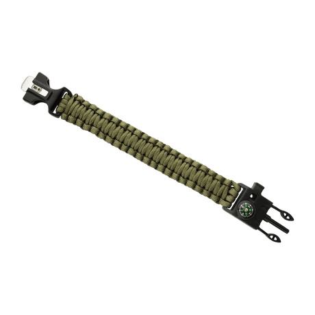 M-Tac paracord-armbånd med ildstarter, kompass og fløyte i grønn farge, egnet for overlevelse og utendørseventyr.