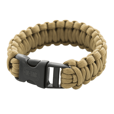M-Tac paracord-armbånd i beige med svart spenne, ideelt for friluftsliv og overlevelsesbruk, robust og stilfullt design.