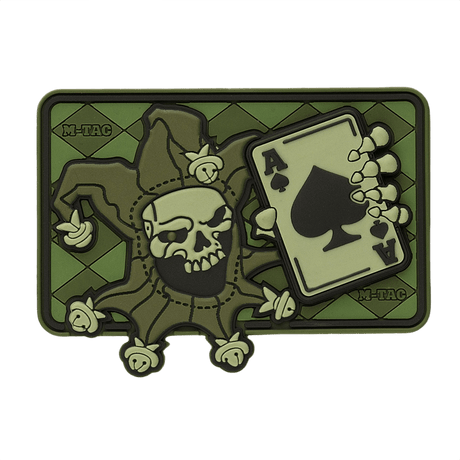 M-Tac Patch Joker Skull 3D PVC med joker og ess i dødskort-design, taktisk morale patch i PVC med Velcro, 78 x 55 mm.