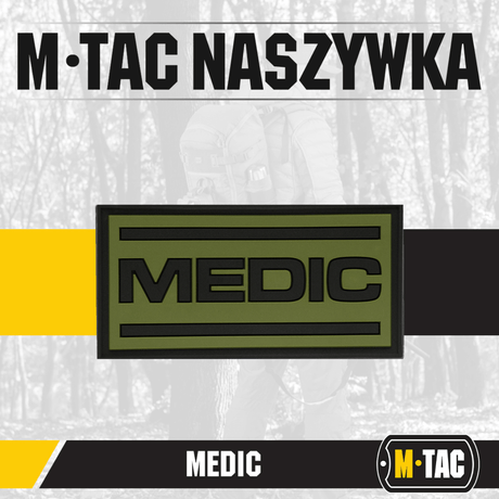 M-Tac Patch Medic PVC 3D taktisk patch for medisinsk personell, fleksibelt PVC med Velcro, størrelse 70 x 35 mm, på uniform.