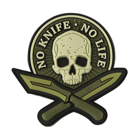 M-Tac Patch No Knife – No Life 3D PVC, taktisk moralepatch med kranium og kniver, gummipatch med 3D-effekt, Velcro på baksiden, 50x50 mm.