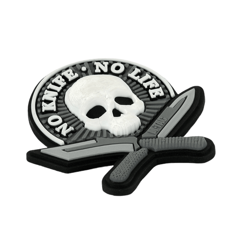 M-Tac Patch No Knife – No Life 3D PVC moralepatch med kranium og kniver, Velcro bak, 50x50 mm, for taktisk utstyr.