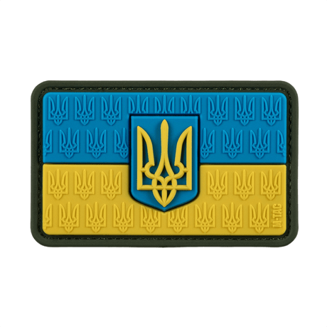M-Tac Patch Ukraine-flagg med våpenskjold med Trident-design, PVC-konstruksjon, 8x5 cm, Velcro-bakside, i Cordura 500D, patriotisk stil.