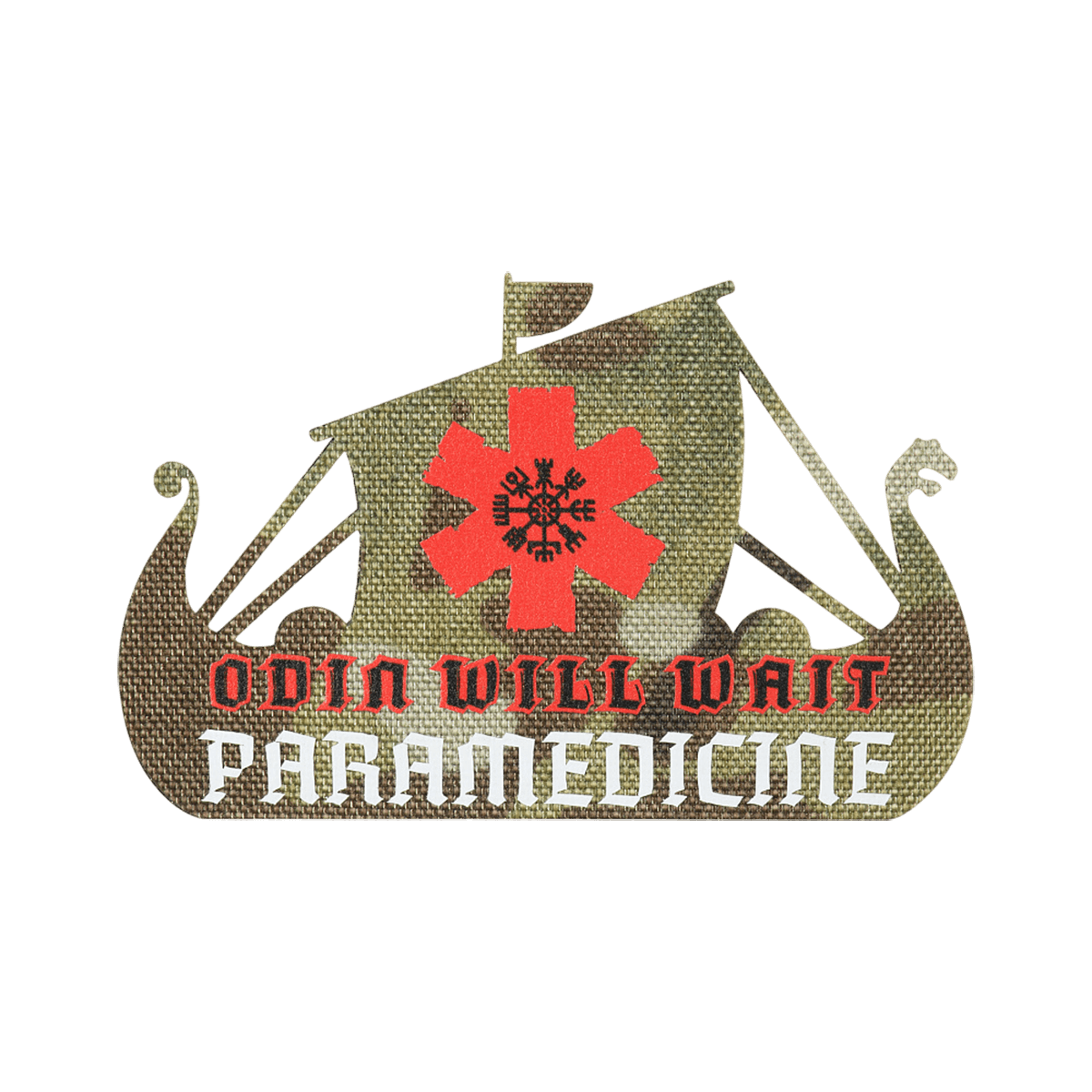 M-Tac Patch Viking Evac med Odin Will Wait tekst og paramedicinsymbol i rødt og hvidt. Perfekt til taktisk brug.