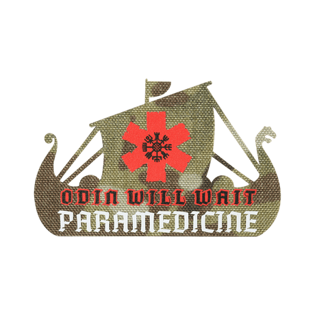 M-Tac Patch Viking Evac med Odin Will Wait-tekst og paramedicsymbol i rødt og hvitt. Perfekt for taktisk bruk.