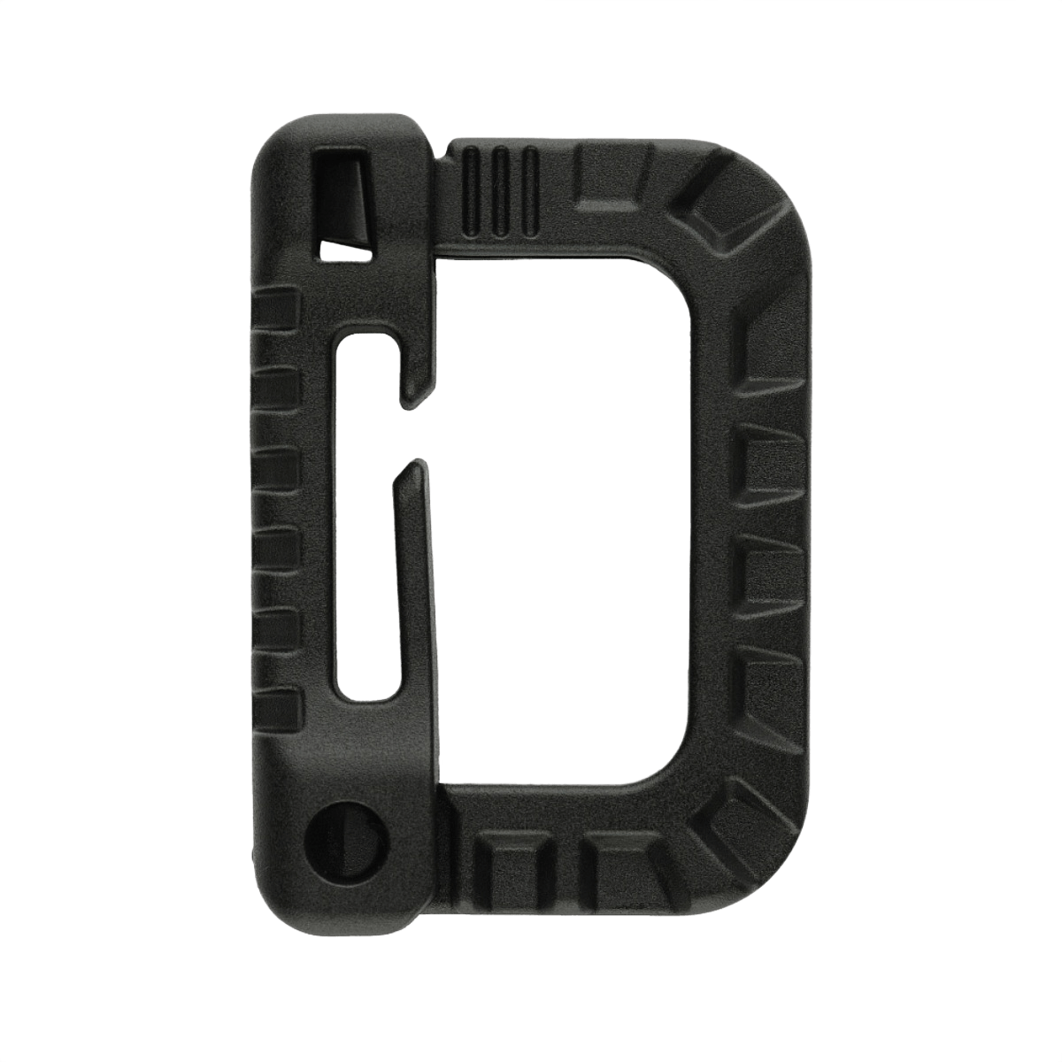 Sort M-Tac Plast Karabin i ABS-plast til fastgørelse af udstyr på vest, bælte eller taske, let og holdbar, ikke egnet til klatring.