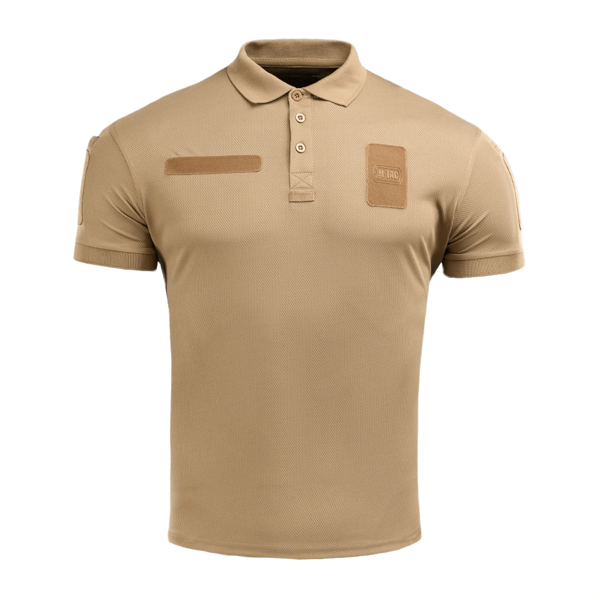M-Tac Polo Elite Tactical Coolmax til politi og sikkerhedsarbejde, fugttransporterende og hurtigtørrende. Beige farve, kortærmet design.