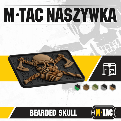 M-Tac Bearded Skull 3D PVC-patch moralebadge med skjeggete kranium-design for taktisk bruk, montert med Velcro, holdbart PVC-materiale.