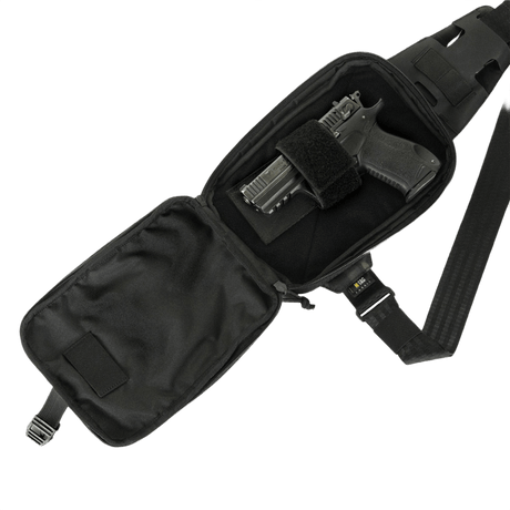 M-Tac Sling pistolveske Elite Hex med Velcro i svart, åpen for å vise festet pistol, laget av slitesterk Cordura 1000D og Cordura Hex.