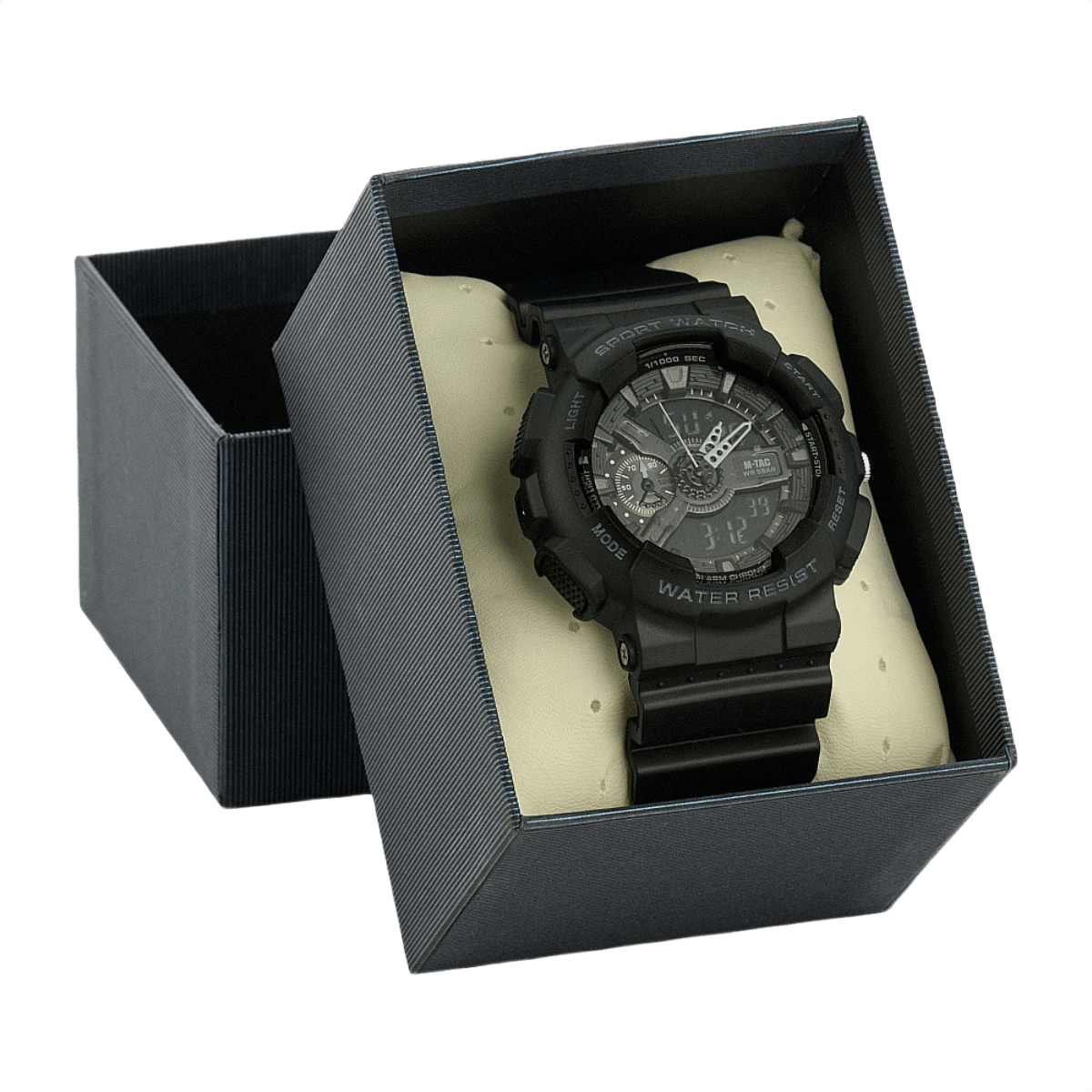M-Tac Sport Ur med robust polycarbonat urkasse og sort silikonerem i gaveæske, perfekt til sportsentusiaster og outdoor-elskere.