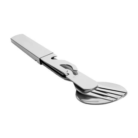M-Tac Stål Bestiksett Large (4 deler) - kompakt, lett reisebestikk ideelt for camping og fotturer, inkl. skje, gaffel, kniv og åpner.