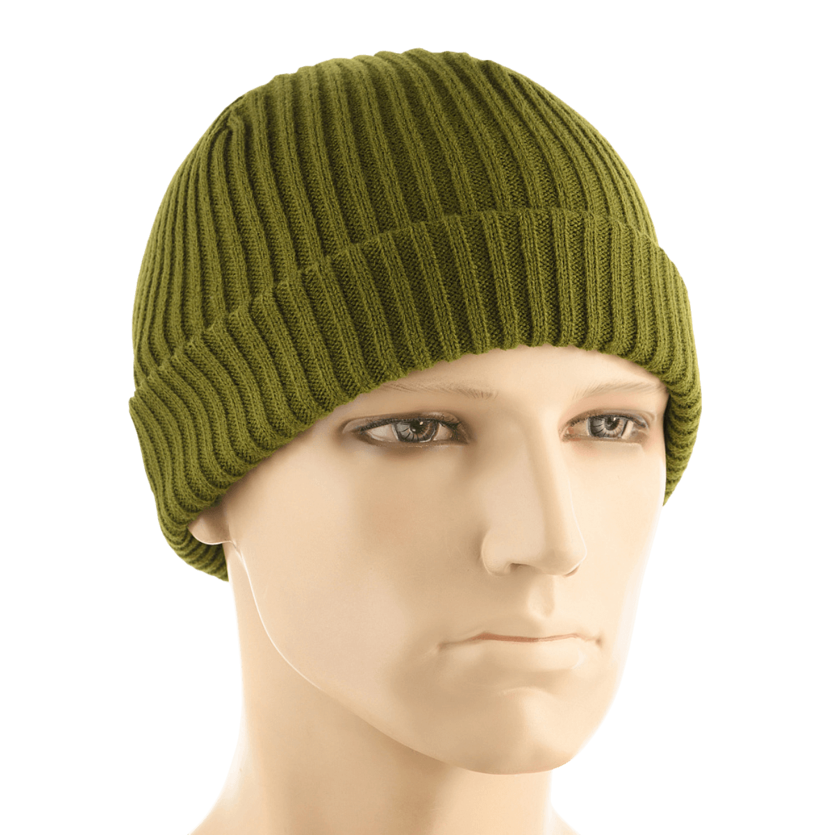 M-Tac Watch Cap 100% Akryl strikket hue i olivengrøn, lav profil med dobbelt opslag til ekstra varme, velegnet til koldt vejr.