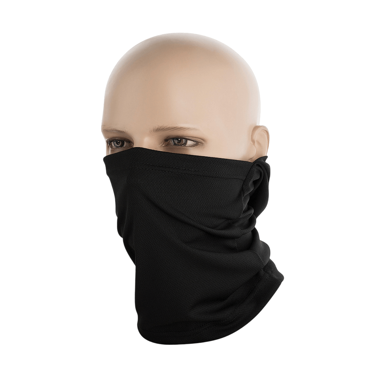 M-Tac Sweating Ninja-Balaclava i sort på mannequin, ideel til at beskytte luftvejene og holde huden tør under udendørs aktiviteter.