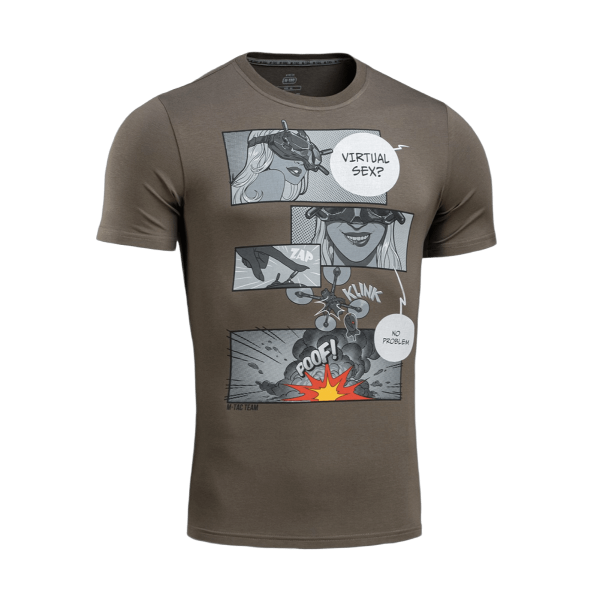 Brun M-Tac T-Shirt Comics Drone Girl med tegneserieinspireret print af en dronepilot, der symboliserer styrke og effektivitet.