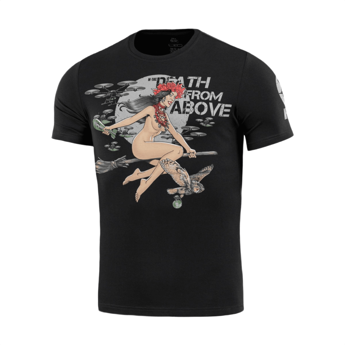 M-Tac T-Shirt Death From Above med hekseprint, droner og ugle, kombinerer folklore og militært tema, bomuld og elastan.