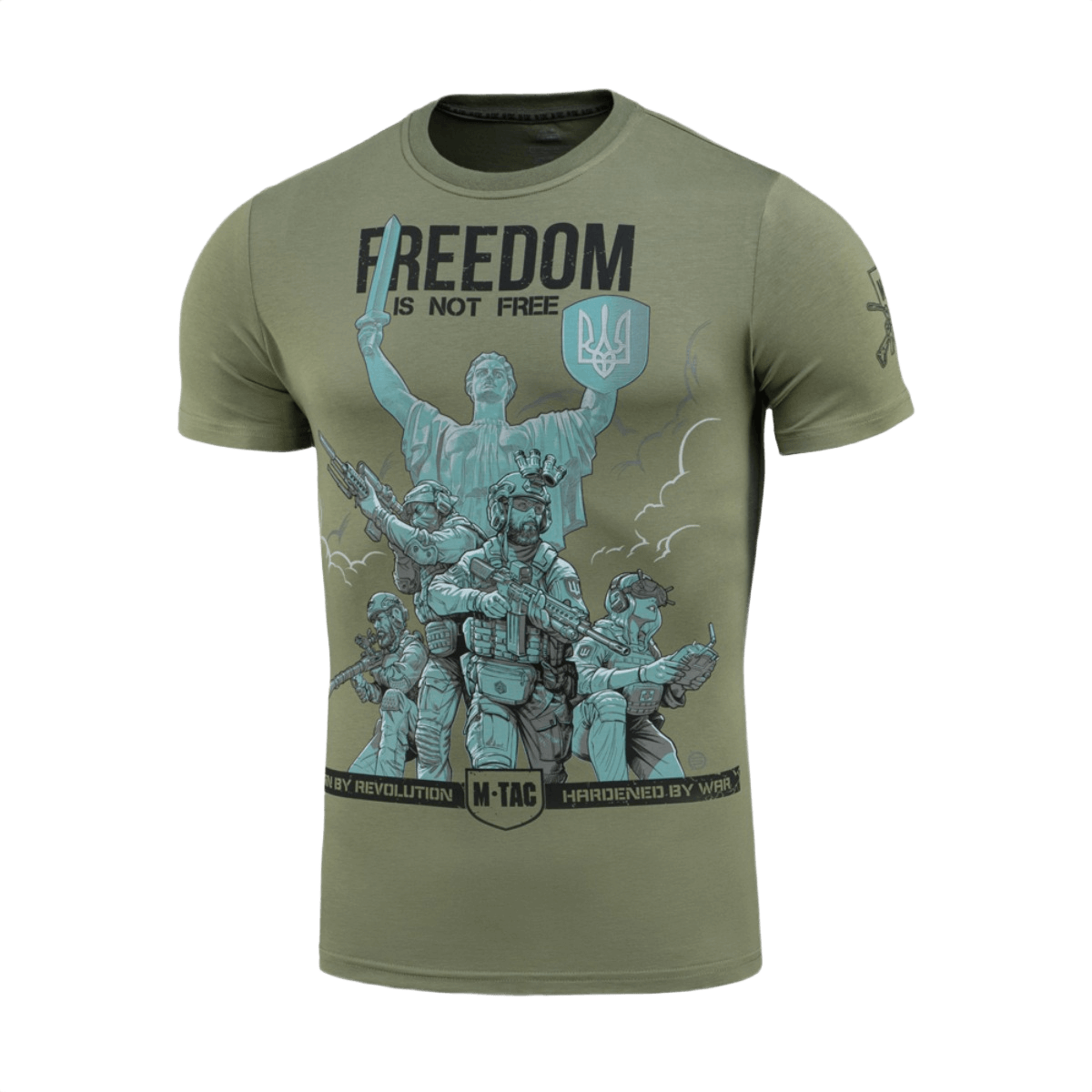 M-Tac T-Shirt Freedom med tryk af ukrainske militær- og modstandssymboler, der hylder styrke, mod og frihed. Blød bomuldsblanding.