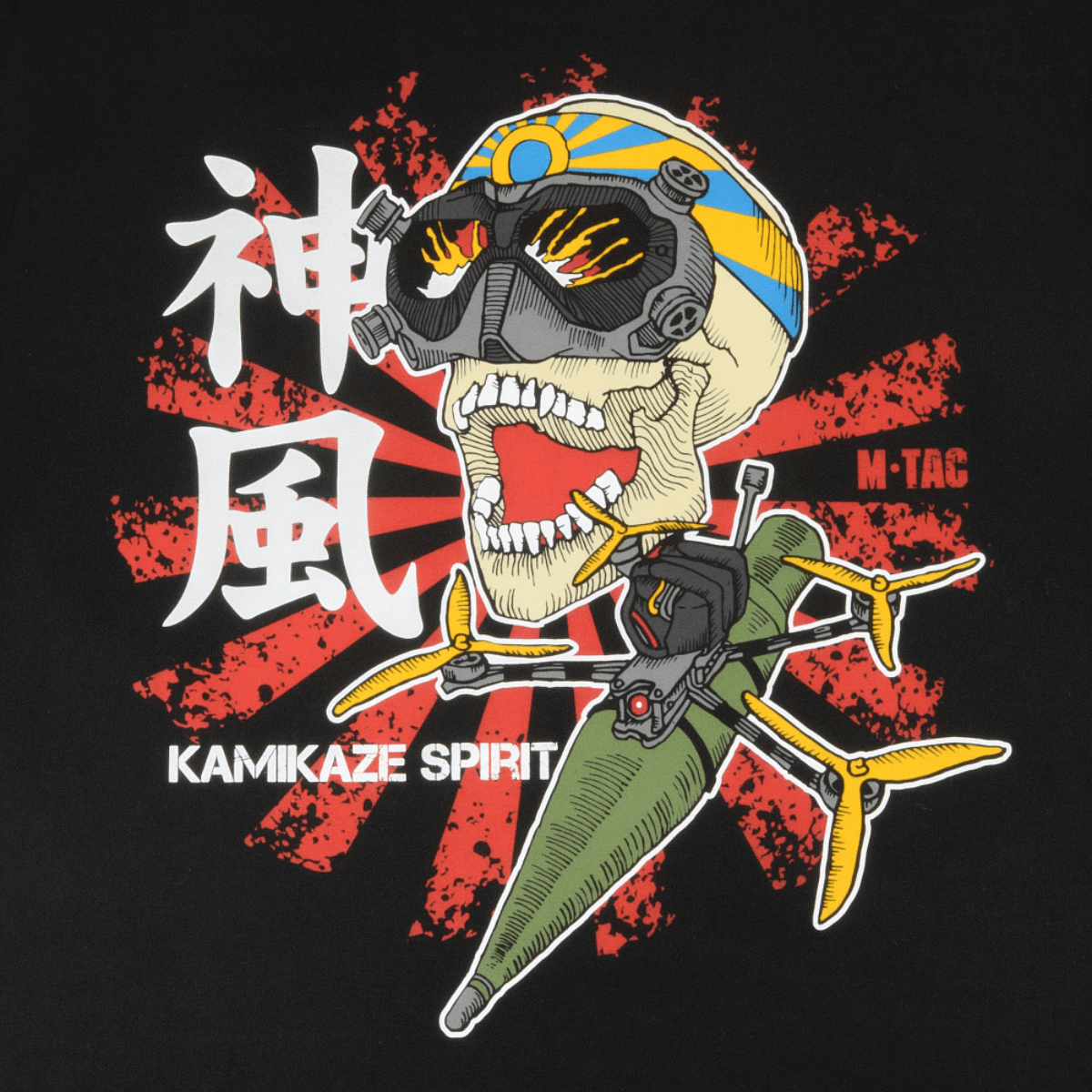 M-Tac T-Shirt Kamikaze Spirit med stiliseret kranie og FPV-goggles foran japansk solflag design