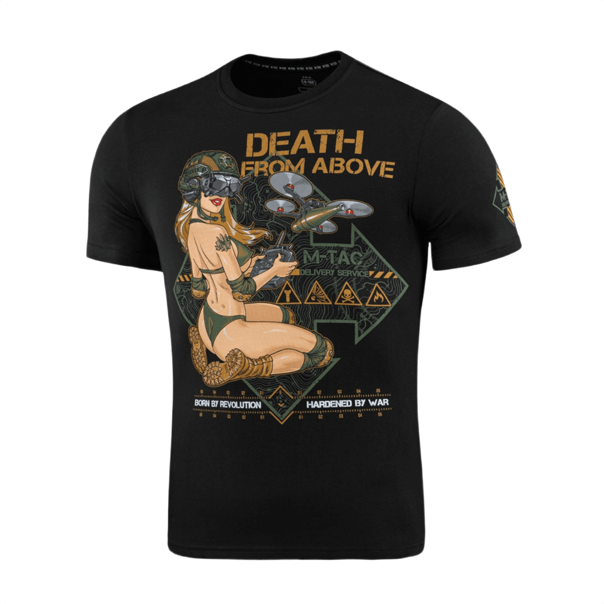 M-Tac T-Shirt Delivery Service med Pin-Up-kultur inspireret drone-design og teksten 'Death from Above' i amerikansk WWII stil.