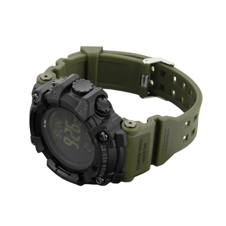 M-Tac Tactical Ur 2037, robust ur med kompass og vanntetthet, ideell for utendørs og taktisk bruk, sett fra siden med kraftig design.