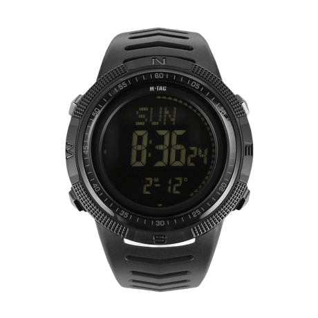 M-Tac Tactical Ur 2147 med kompass, LED-bakgrunnsbelysning, stoppeklokke og alarm. Robust ABS-plastkasse, vanntett til 5ATM.