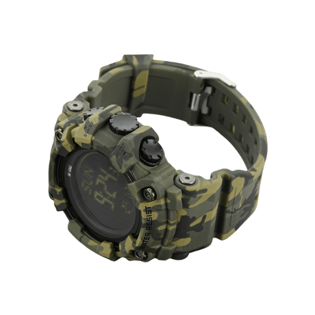M-Tac Tactical Ur 2037 i camouflagedesign med kompass og LED-bakgrunnsbelysning. Slitesterkt utendørsklokke, vanntett opptil 5ATM. Ideell for taktisk bruk.