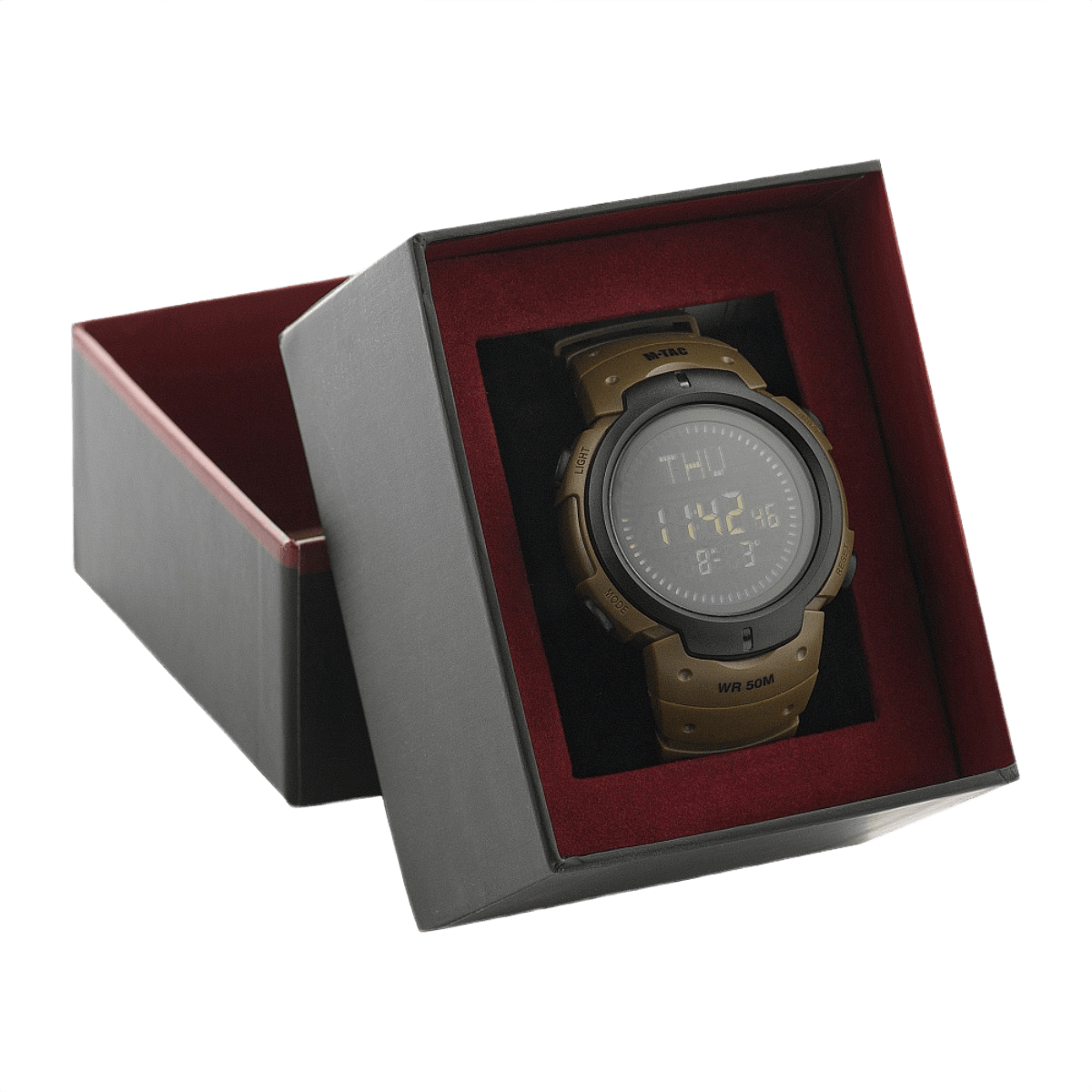 M‑Tac Taktisk Compass Ur i gaveæske, velegnet til udendørs eventyr, vandtæt med elektronisk kompas og stopur funktioner.